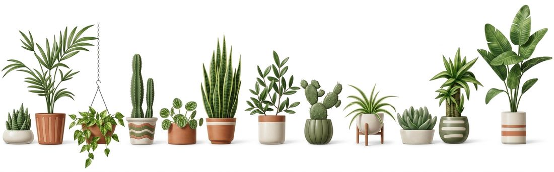Illustrated row of assorted potted houseplants