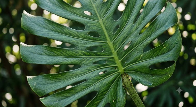 Close-up of a variegated monstera leaf